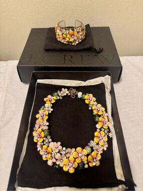 Vintage Rare J.Crew Floral Bib Statement Necklace & Flower Cuff Complete Set